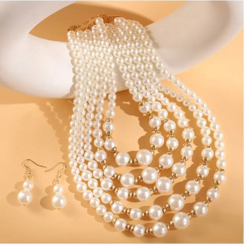 Tiered Pearl Station Necklace & Earring Set