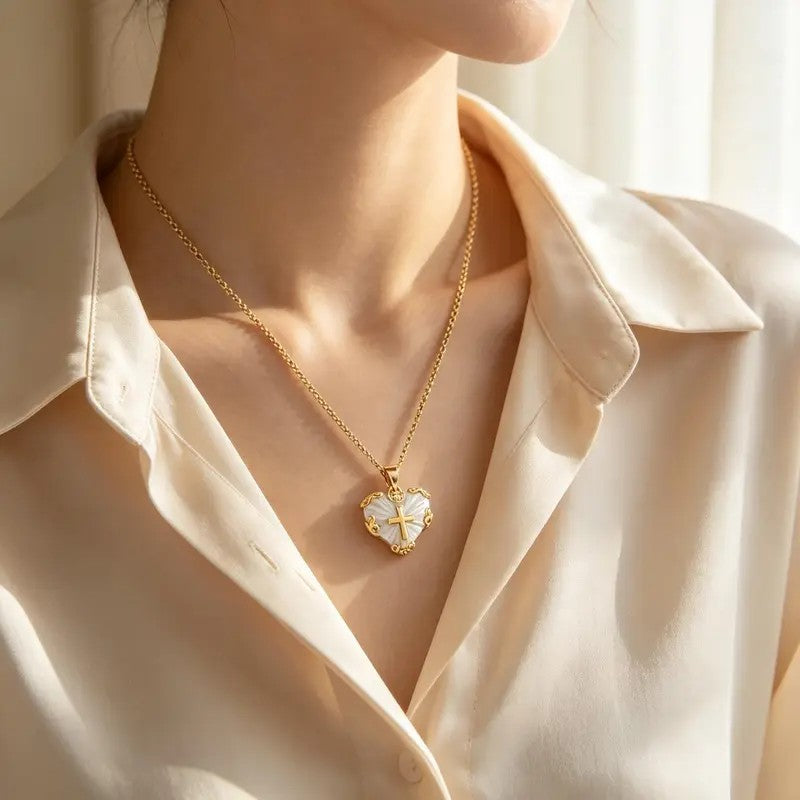 Mother of Pearl Heart Cross Necklace