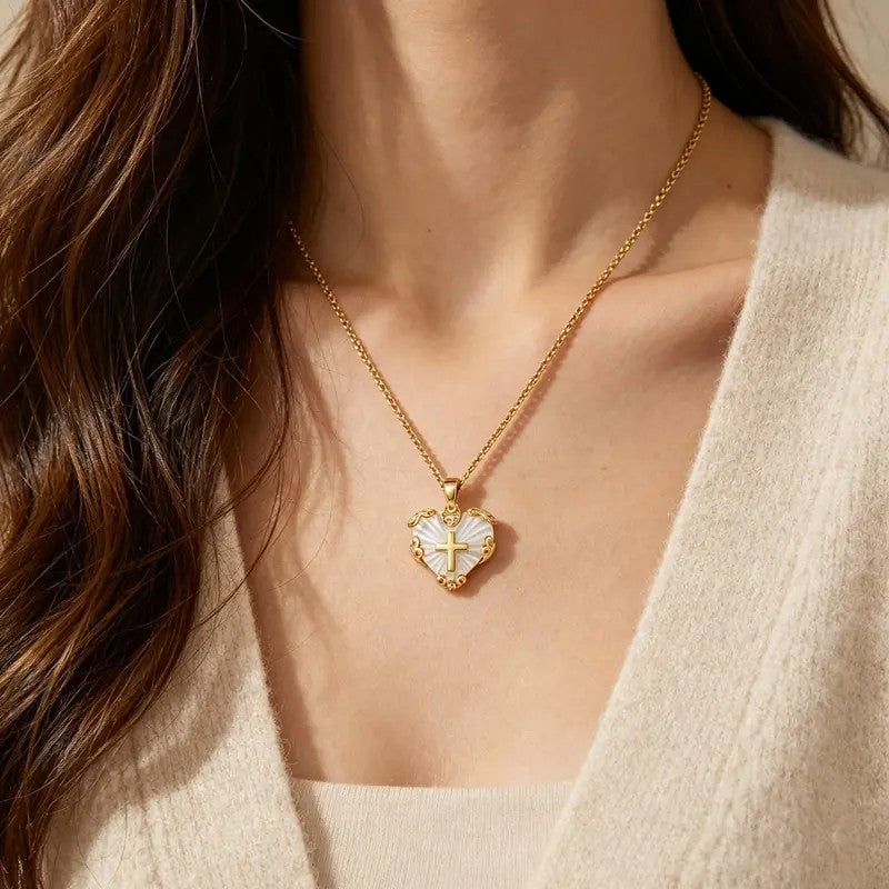 Mother of Pearl Heart Cross Necklace