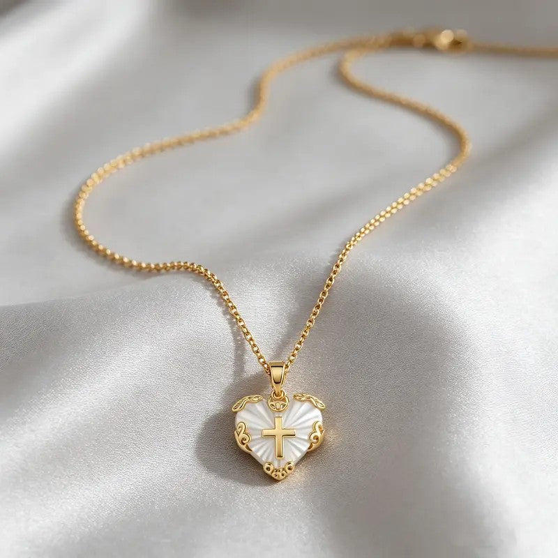 Mother of Pearl Heart Cross Necklace