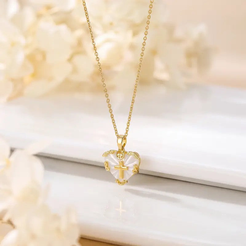 Mother of Pearl Heart Cross Necklace