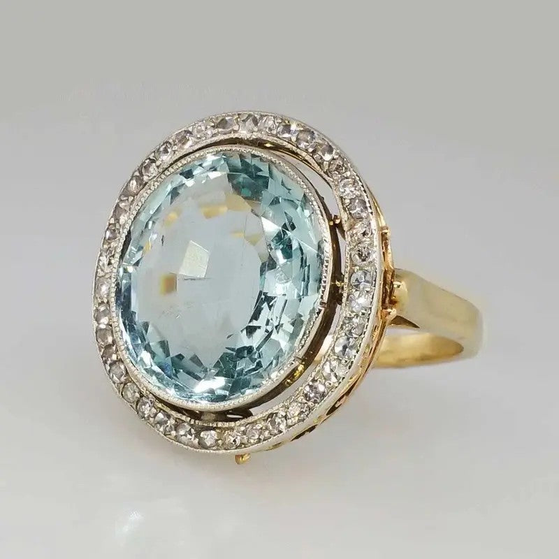 Blue Oval Crystal Double Halo Ring