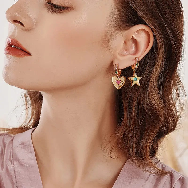 Colorful Heart & Star Dangle Hoop Earrings