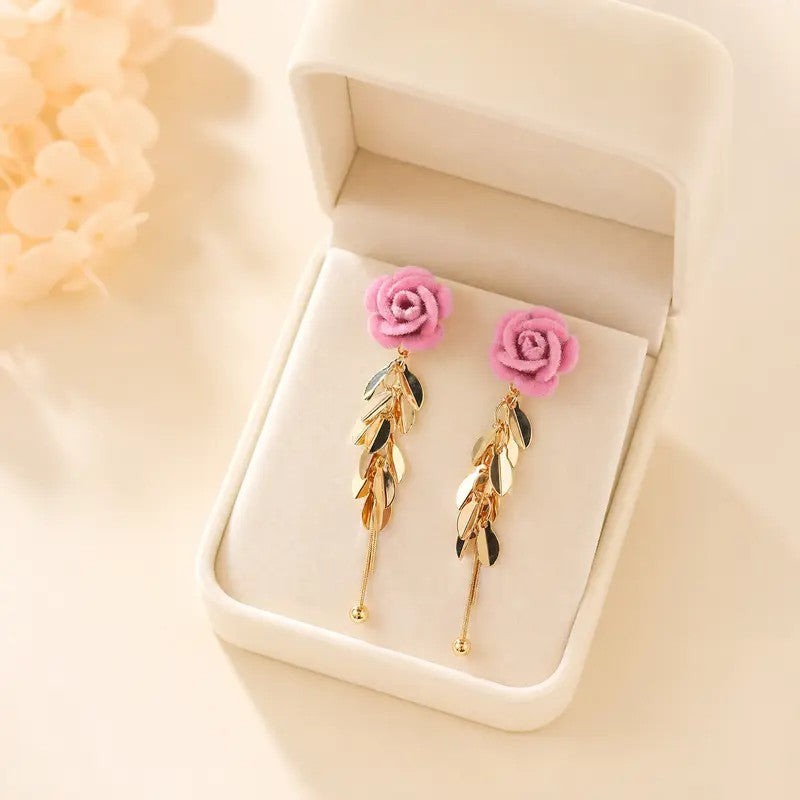 Pink Velvet Rose Drop Earrings