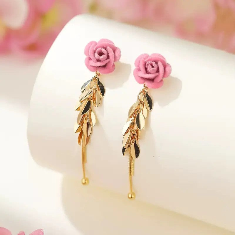 Pink Velvet Rose Drop Earrings