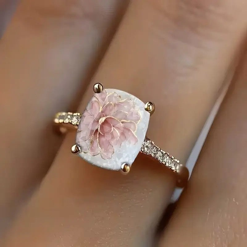 Pink Floral Square Statement Ring