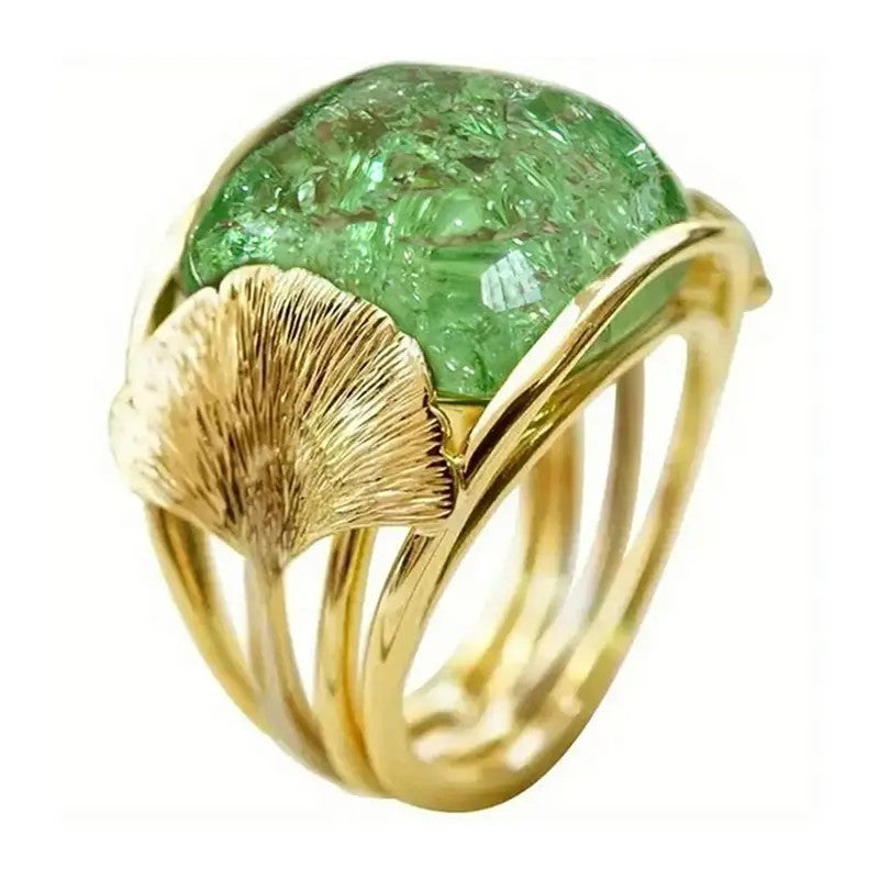 Green Moss Stone Ginkgo Ring