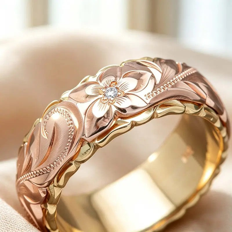 Two-Tone Floral Engraved Band Ring