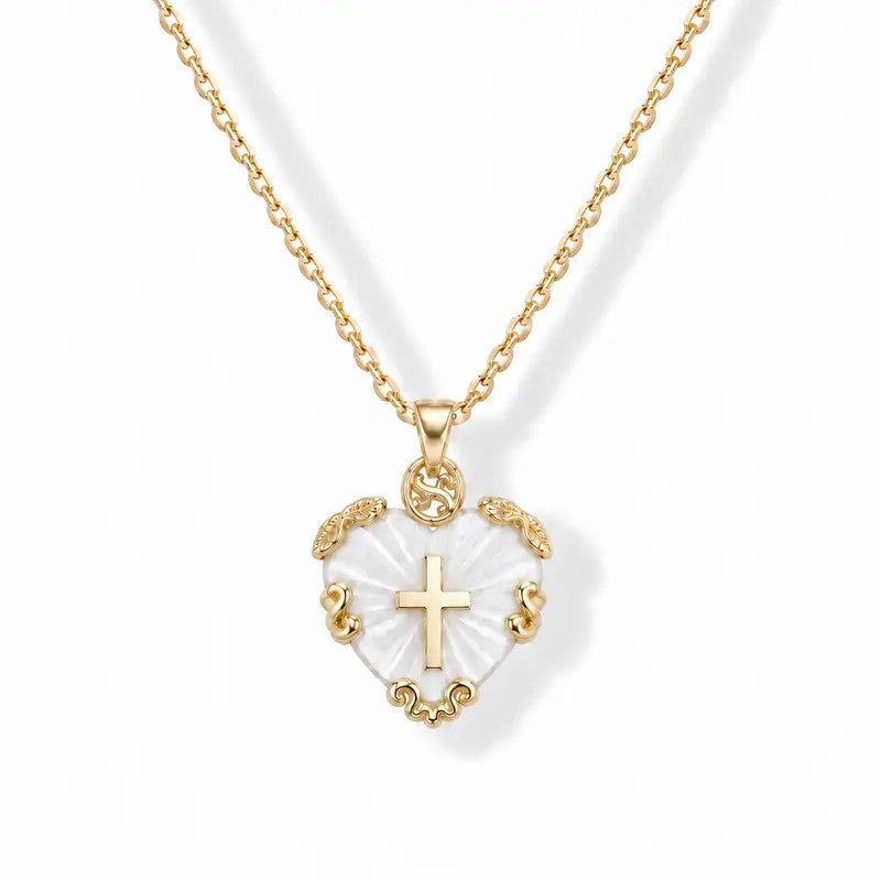 White Shell Heart Cross Necklace
