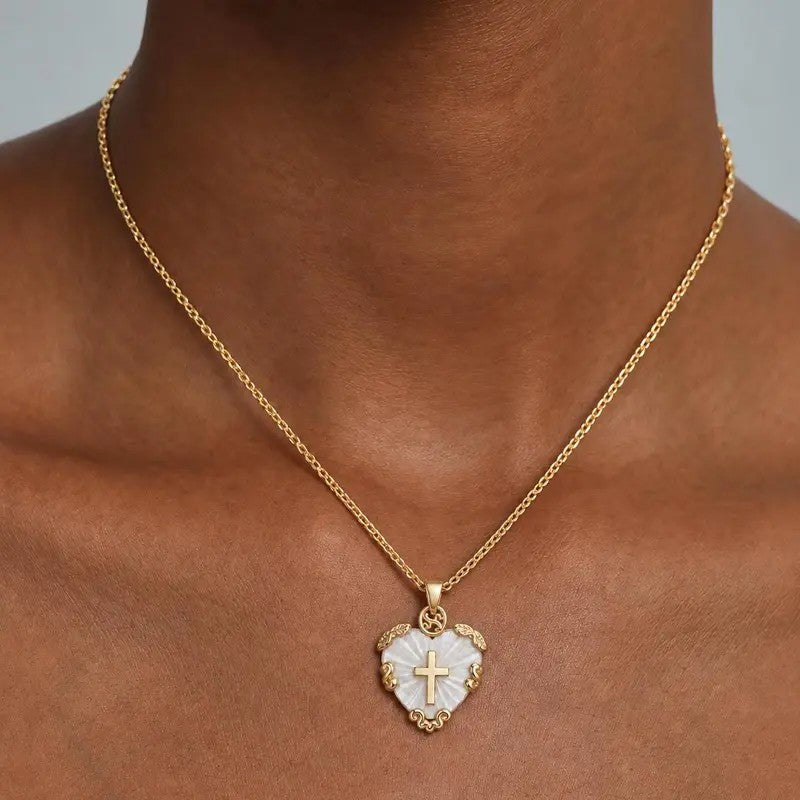White Shell Heart Cross Necklace