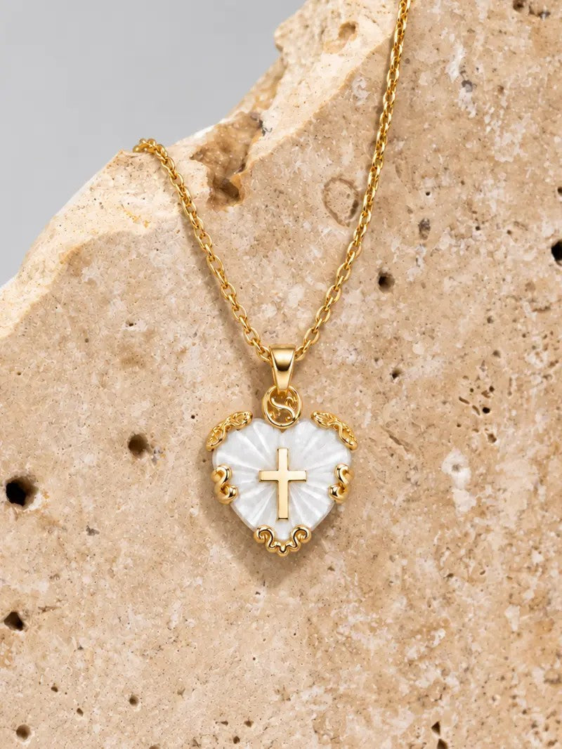 Ornate Shell Heart Cross Necklace