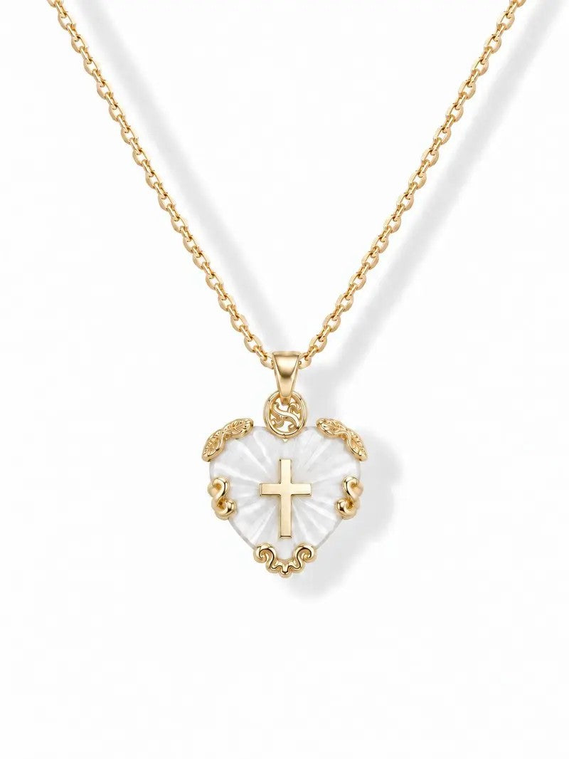 Ornate Shell Heart Cross Necklace