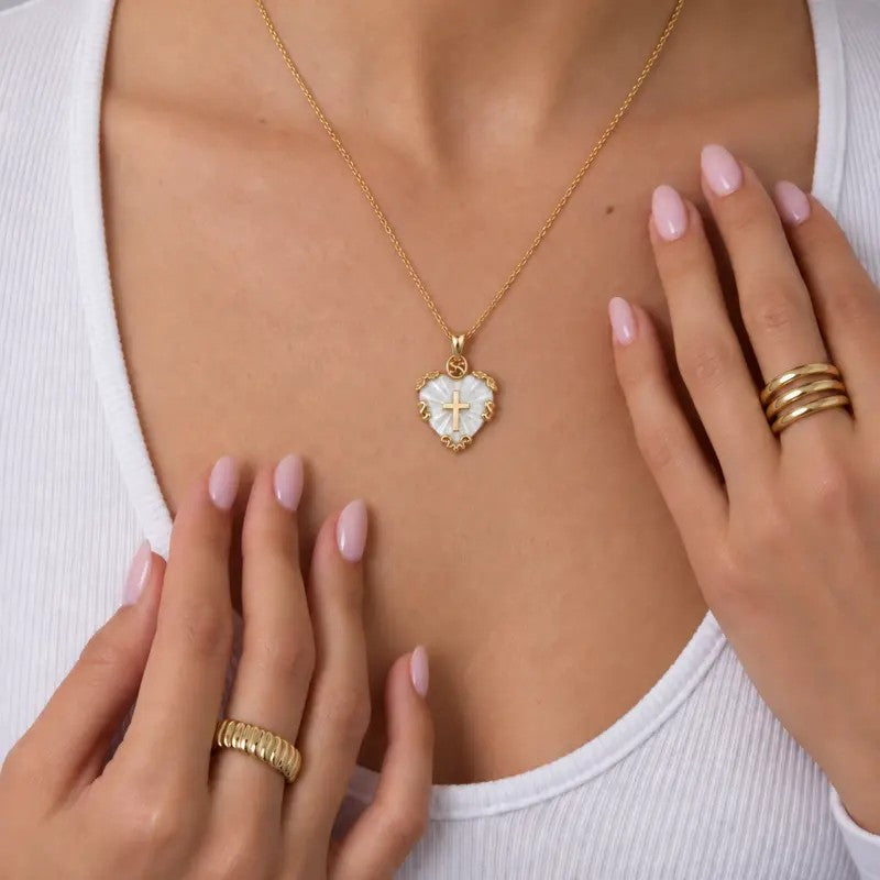 White Shell Heart Cross Necklace
