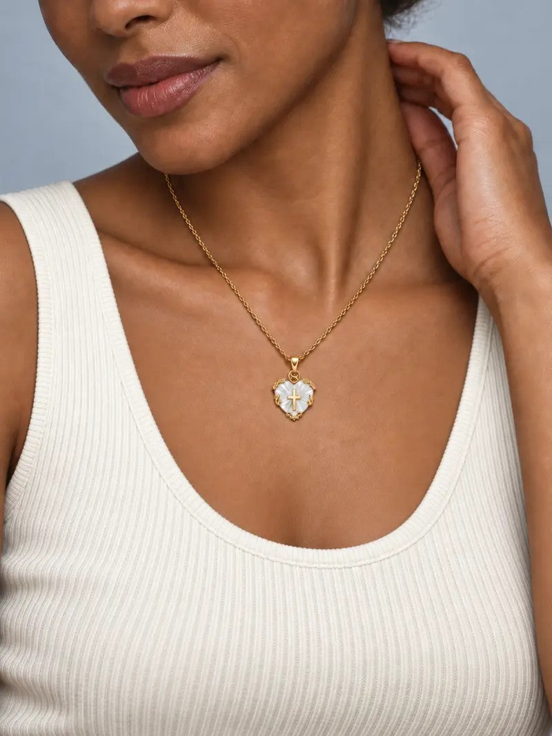 Ornate Shell Heart Cross Necklace