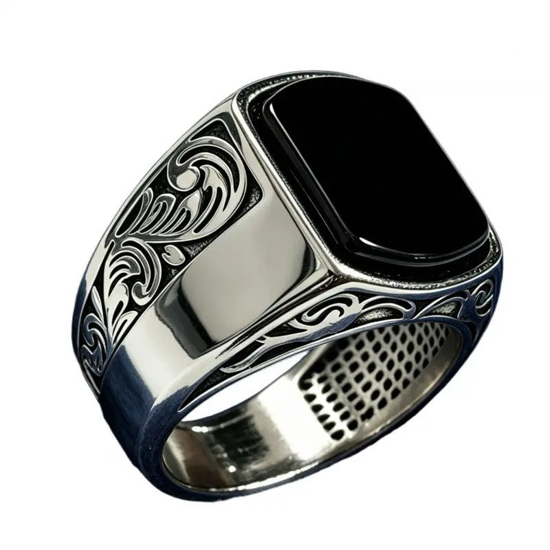 Black Stone Scrollwork Ring