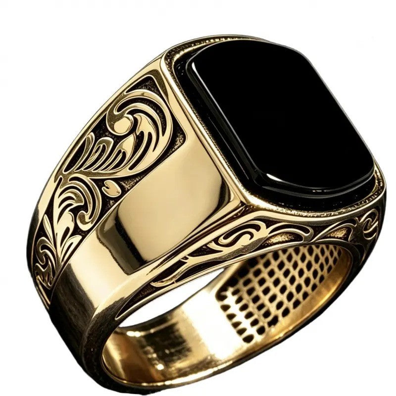Black Stone Scrollwork Ring