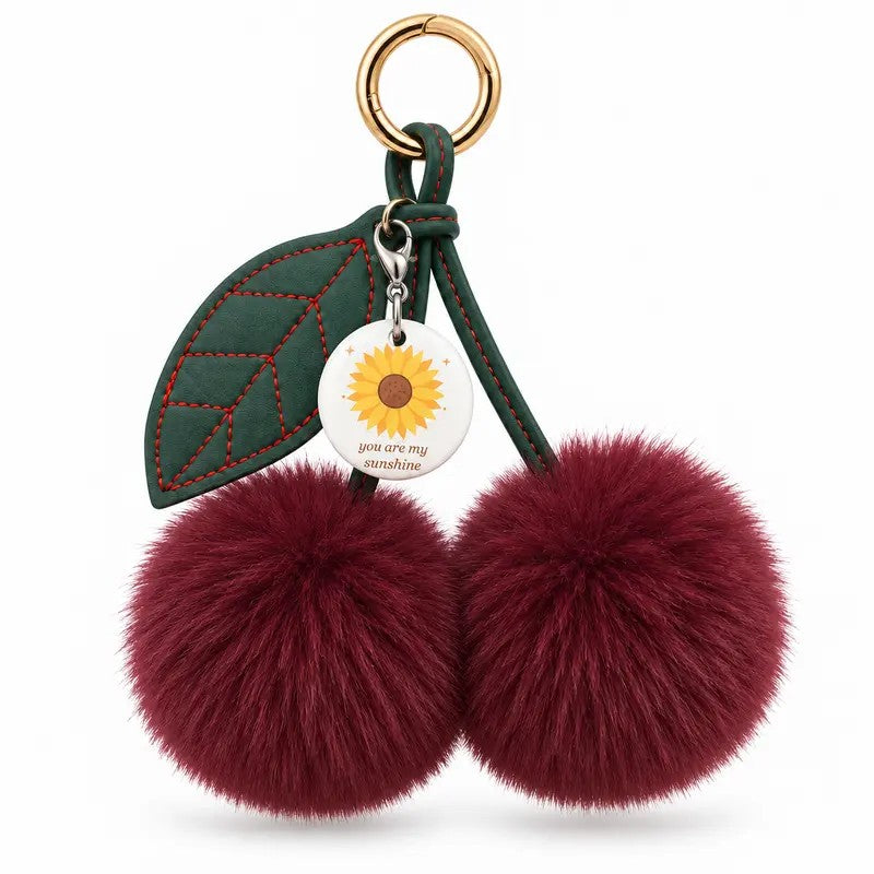 Burgundy Cherry Pom Pom Bag Charm