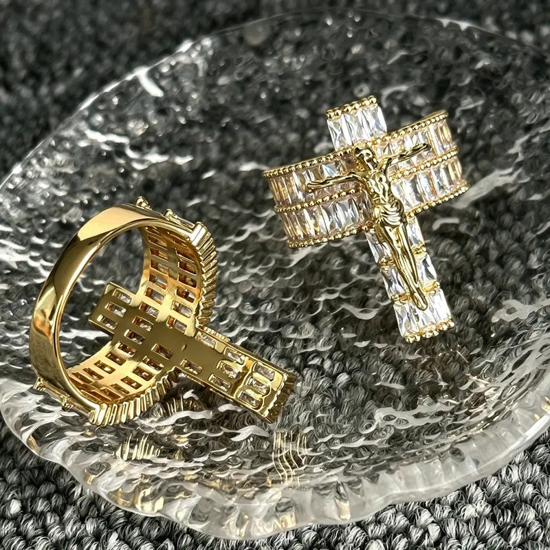 Crucifix Crystal Statement Ring