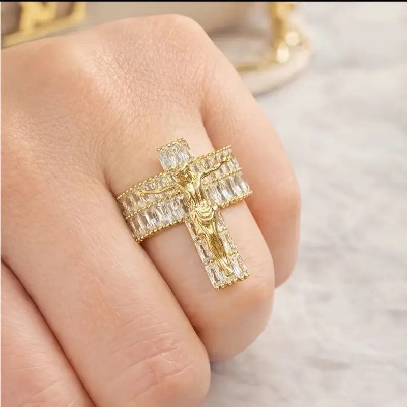 Crucifix Crystal Statement Ring
