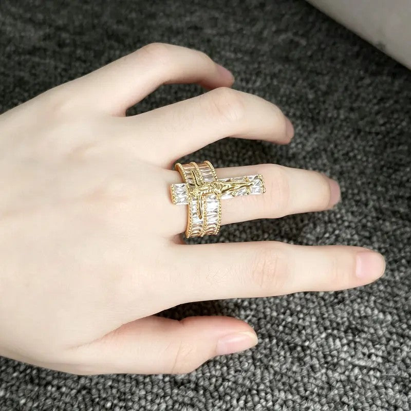 Crucifix Crystal Statement Ring