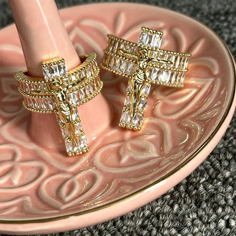 Crucifix Crystal Statement Ring