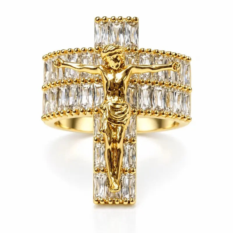 Crucifix Crystal Statement Ring