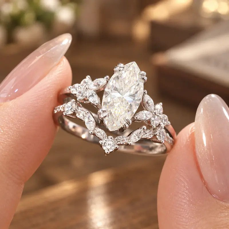 Marquise Crystal Floral Ring Set