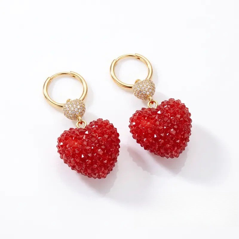Red Crystal Textured Heart Hoop Earrings