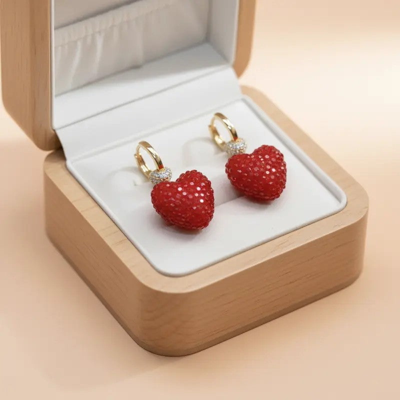 Red Crystal Textured Heart Hoop Earrings