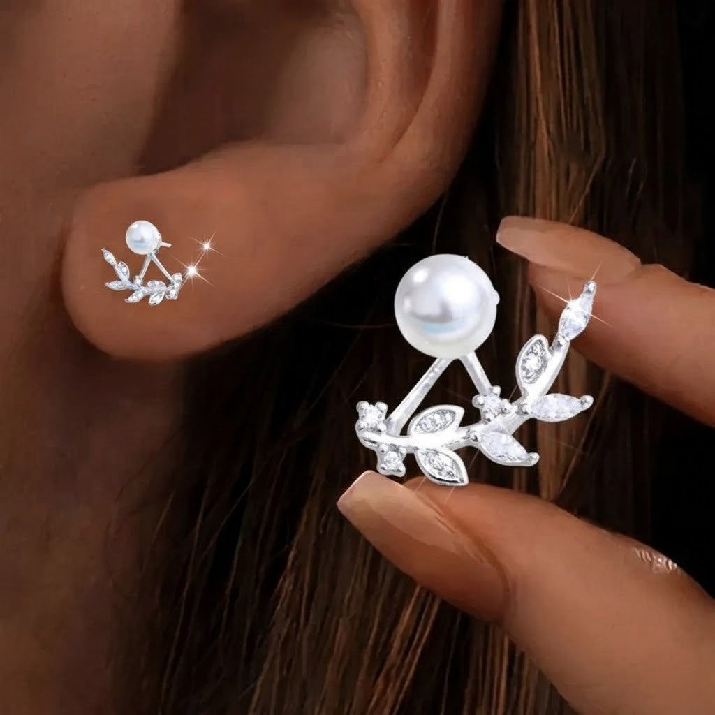 Pearl Leaf Crystal Stud Earrings