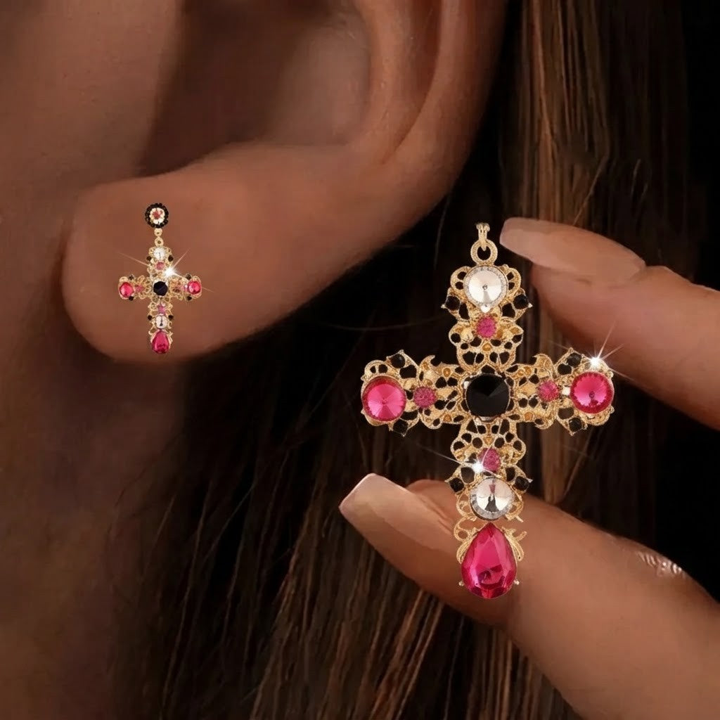Black Crystal Cross Drop Earrings