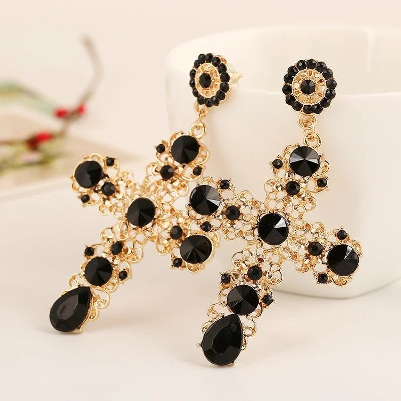 Black Crystal Cross Drop Earrings