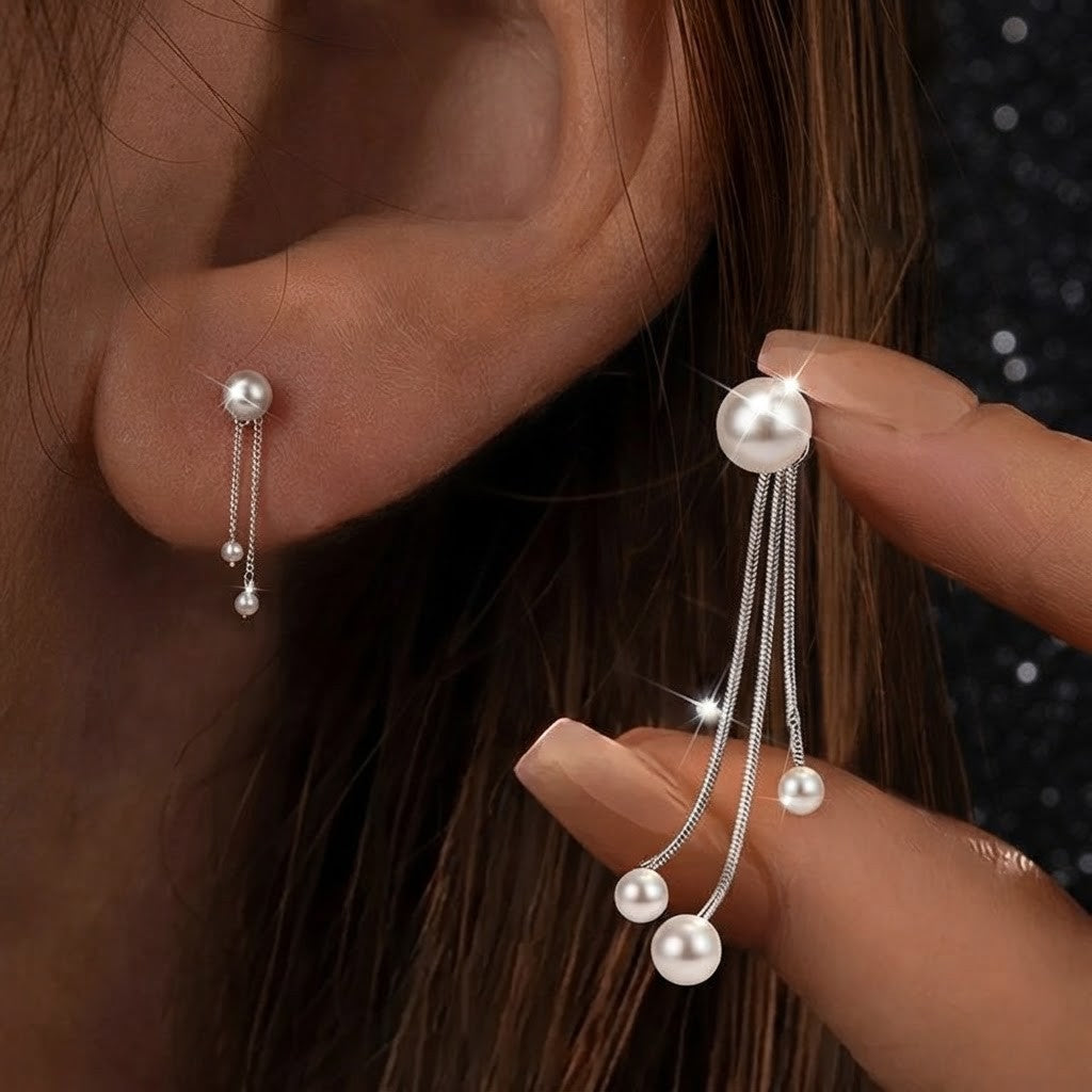 Triple Strand Pearl Tassel Earrings