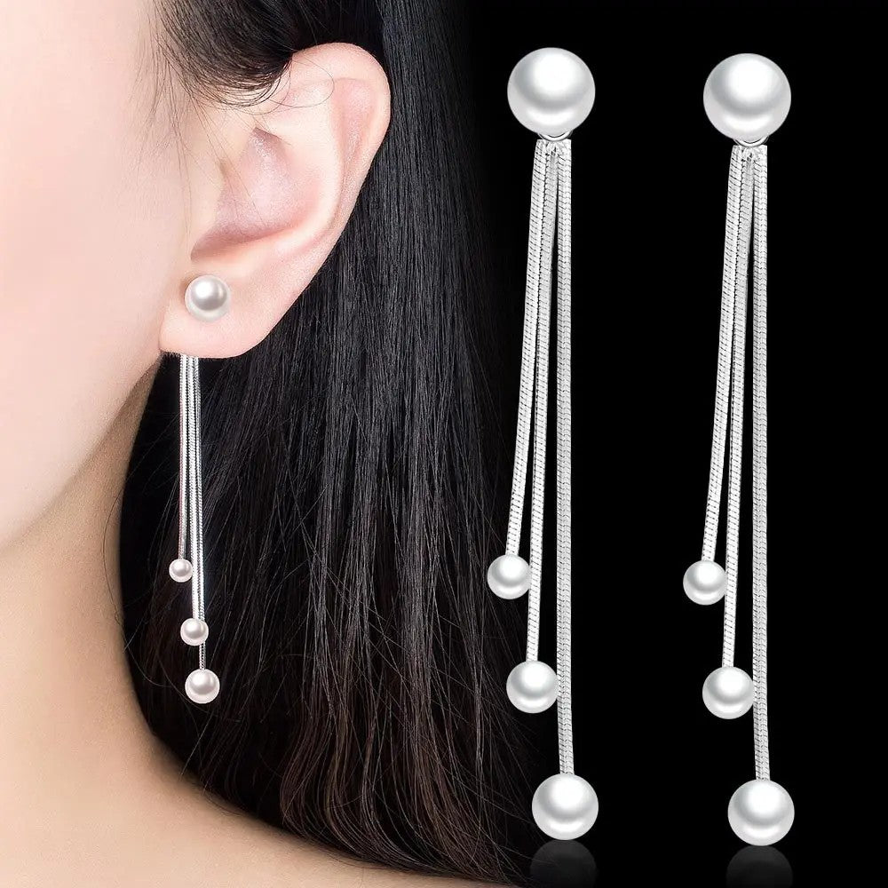 Triple Strand Pearl Tassel Earrings