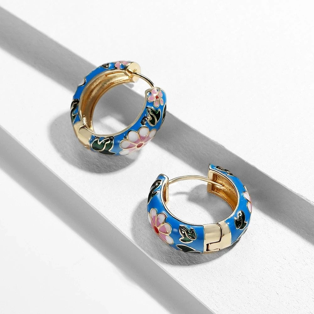 Blue Enamel Floral Hoop Earrings