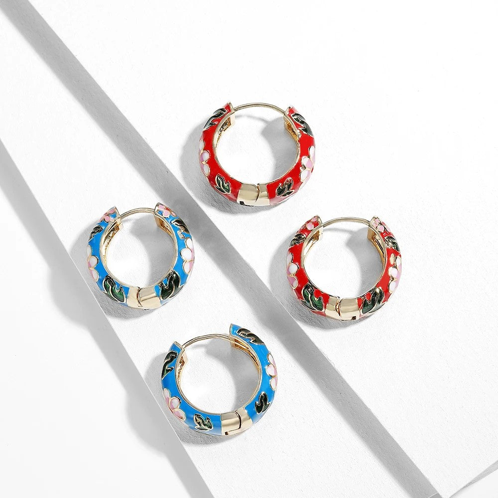 Blue Enamel Floral Hoop Earrings
