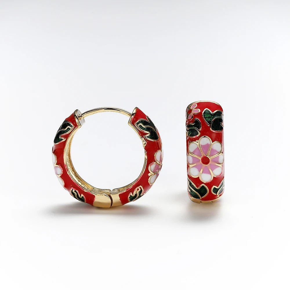 Blue Enamel Floral Hoop Earrings