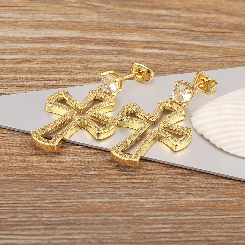 Pave Cross Drop Earrings