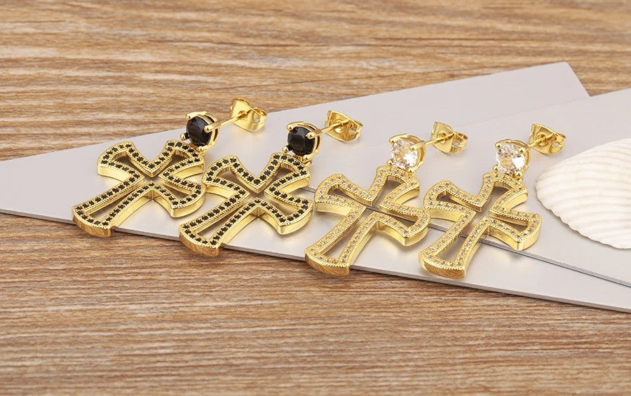 Pave Cross Drop Earrings