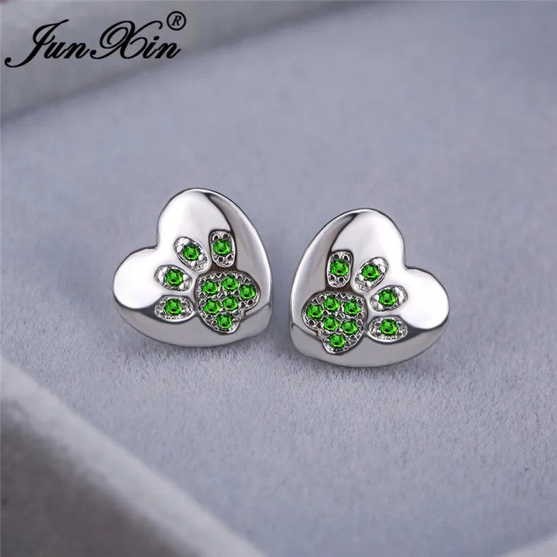 Green Crystal Paw Heart Stud Earrings