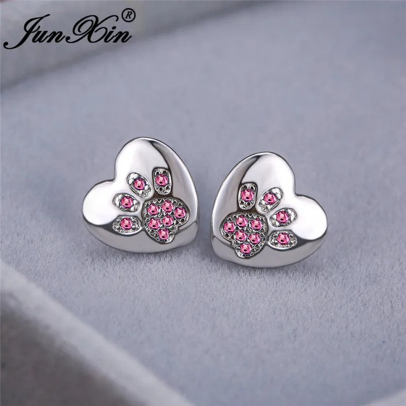 Green Crystal Paw Heart Stud Earrings