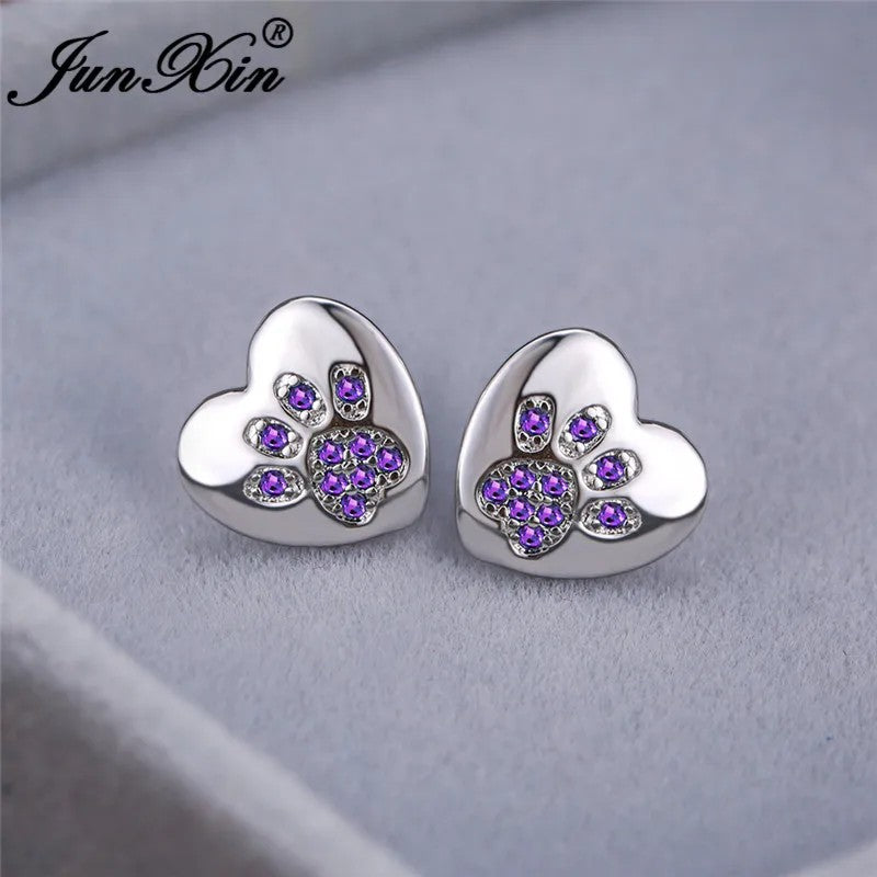 Green Crystal Paw Heart Stud Earrings