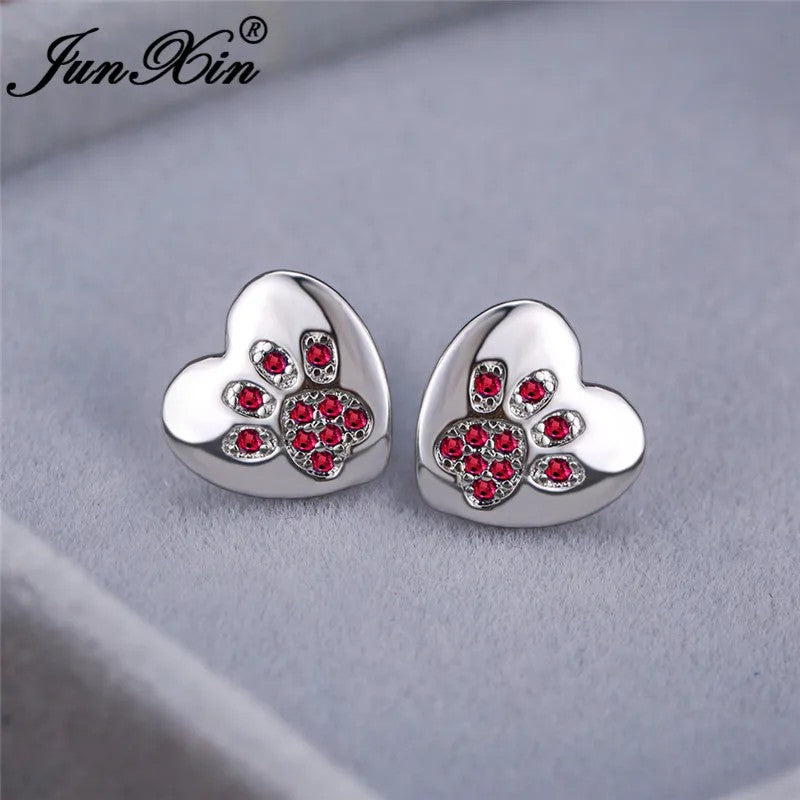 Green Crystal Paw Heart Stud Earrings