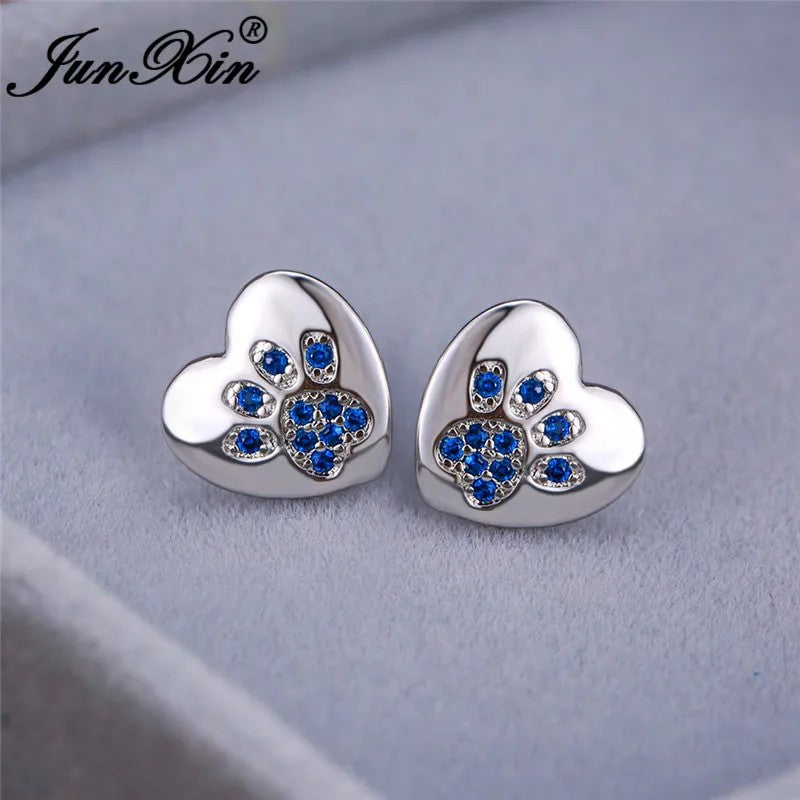 Green Crystal Paw Heart Stud Earrings