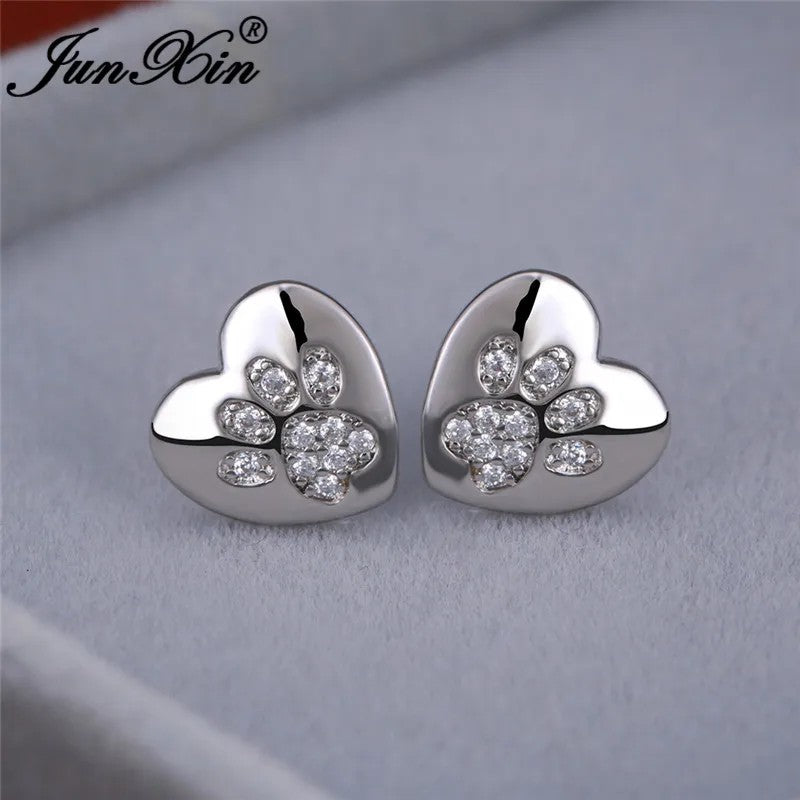 Green Crystal Paw Heart Stud Earrings
