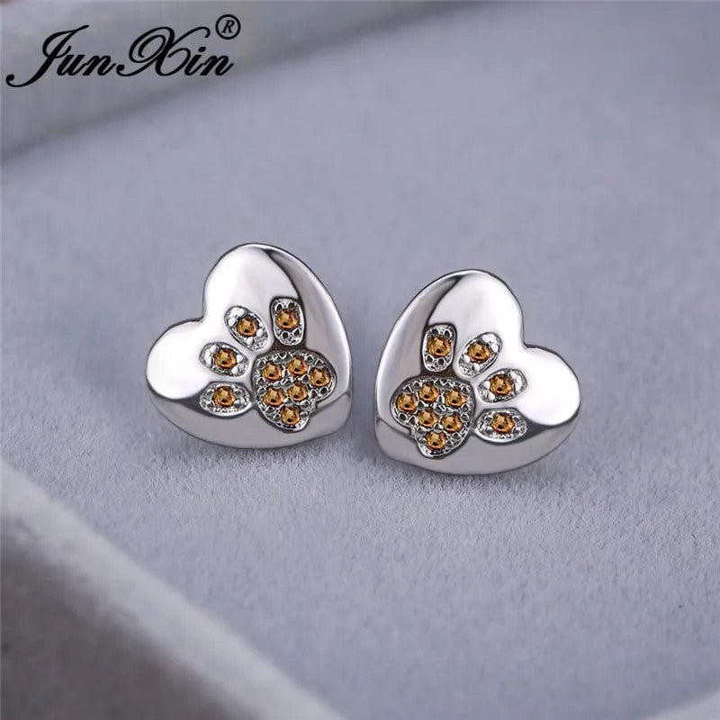 Green Crystal Paw Heart Stud Earrings