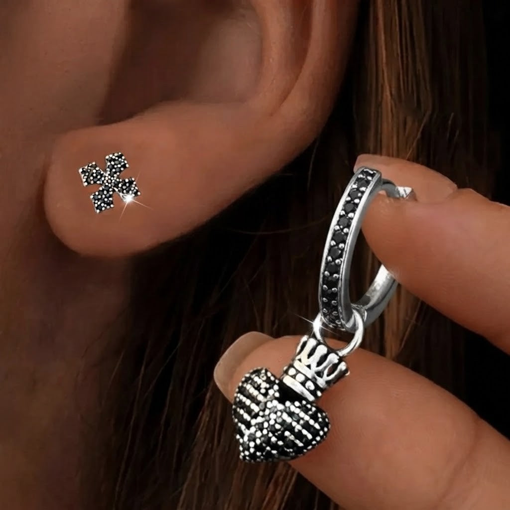 Heart & Cross Asymmetric Hoop Earrings