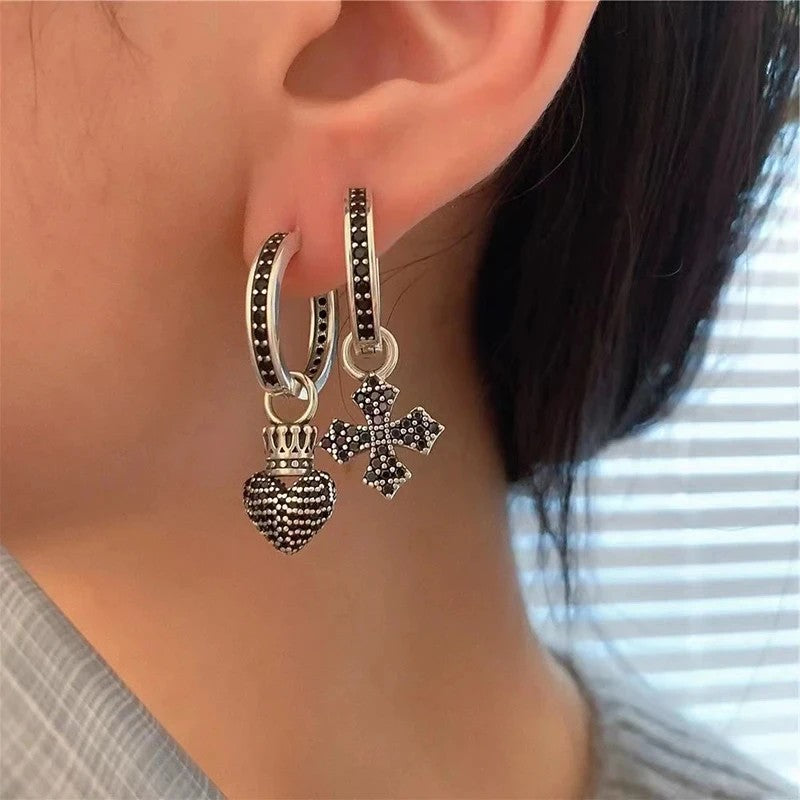 Heart & Cross Asymmetric Hoop Earrings