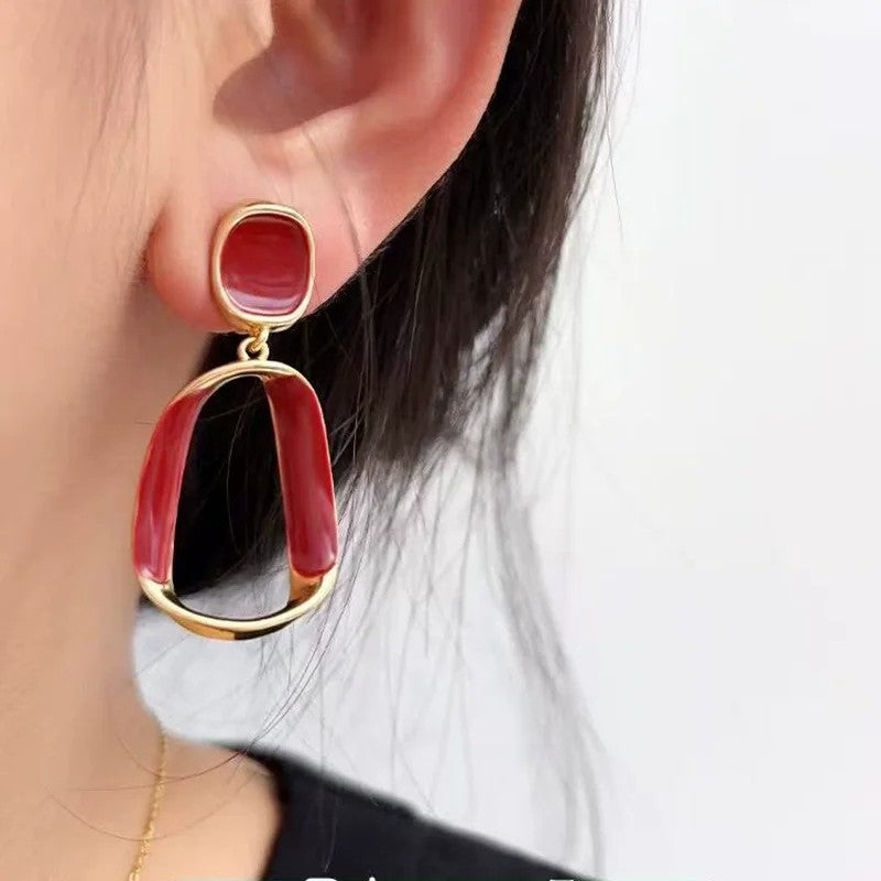 Red Geometric Drop Earrings