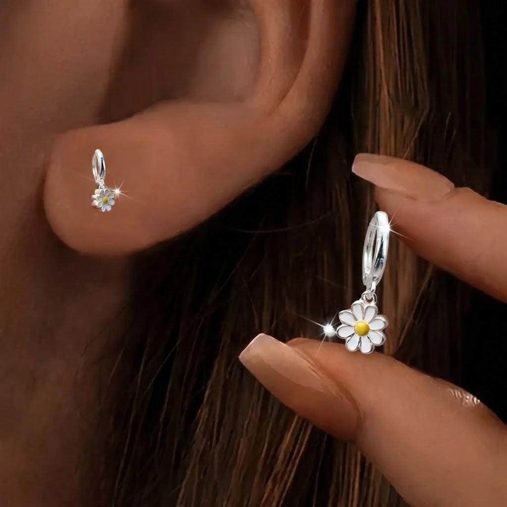 White Daisy Hoop Earrings